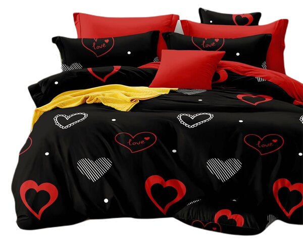 Bavlissimo 7-dílné povlečení srdce love bavlna/mikrovlákno černá červená 140x200 na dvě postele