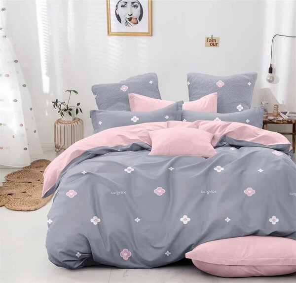 Bavlissimo 7-dílné povlečení surprise bavlna/mikrovlákno šedá růžová 140x200 na dvě postele