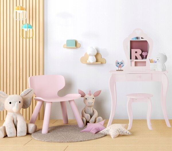 VBChome Toaletní stolek se zrcadlem a stoličkou pro děti 71 x 108 x 50 cm Bílé zásuvky MDF nábytková deska Dekorace do dětského pokoje ve stylu vintage