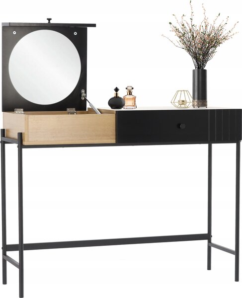 VBChome Kosmetický toaletní stolek se zrcadlem 100 x 40 x 79 cm Černý dub 1 zásuvka 1 přihrádka Toaletní stolek Moderní design Kulaté zrcadlo