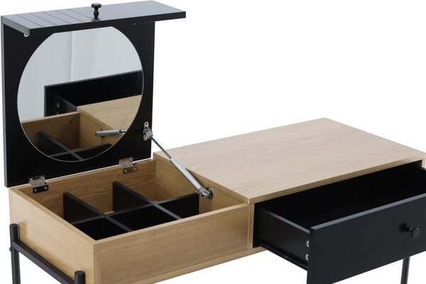 VBChome Kosmetický toaletní stolek se zrcadlem 100 x 40 x 79 cm Černý dub 1 zásuvka 1 přihrádka Toaletní stolek Moderní design Kulaté zrcadlo