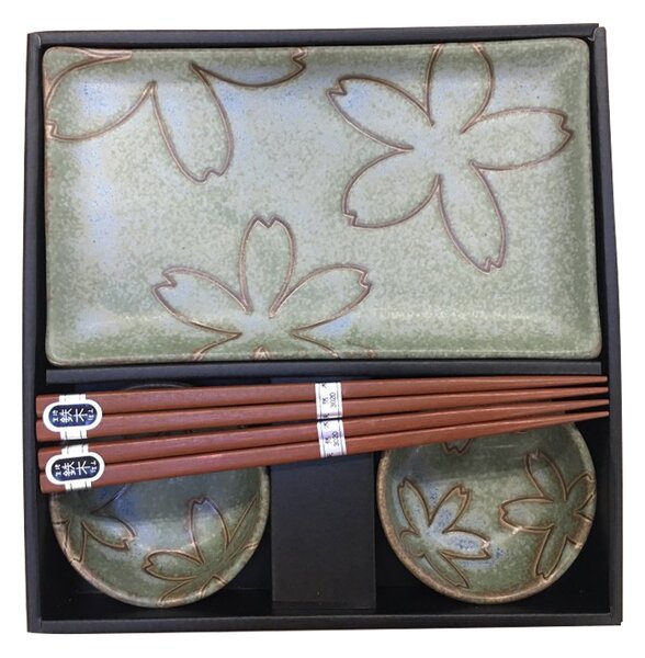 Made in Japan (MIJ) Sushi Set Green with Stylized Flowers 4 ks s hůlkami