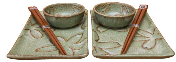 Made in Japan (MIJ) Sushi Set Green with Stylized Flowers 4 ks s hůlkami
