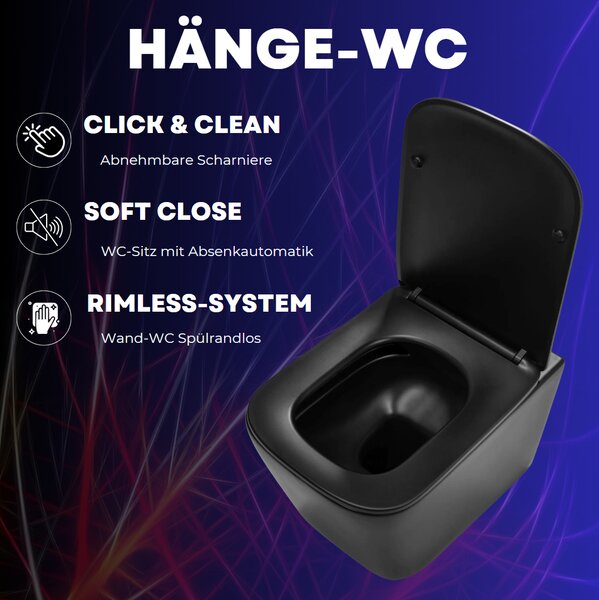 VBChome Závěsné keramické WC bez obrouček s poklopem Termosetové WC sedátko Bez obrouček s funkcí SoftClose Omyvatelné WC Černá matná barva