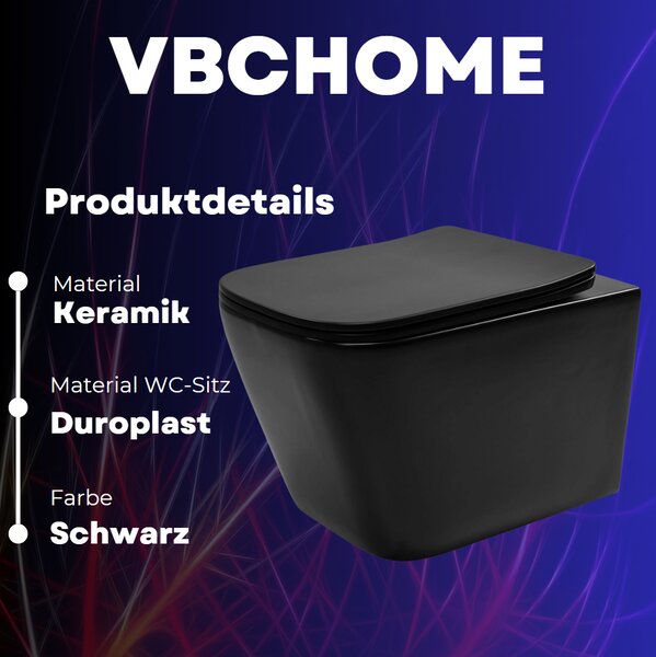 VBChome Závěsné keramické WC bez obrouček s poklopem Termosetové WC sedátko Bez obrouček s funkcí SoftClose Omyvatelné WC Černá matná barva