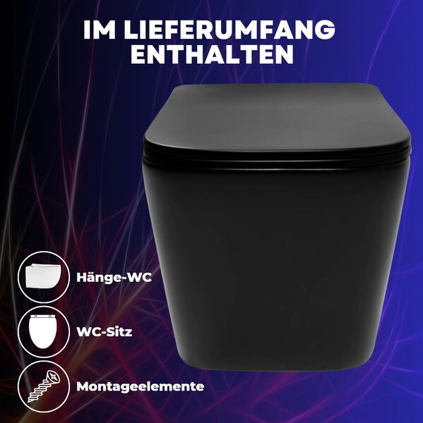 VBChome Závěsné keramické WC bez obrouček s poklopem Termosetové WC sedátko Bez obrouček s funkcí SoftClose Omyvatelné WC Černá matná barva
