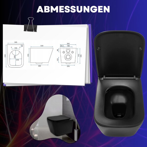 VBChome Závěsné keramické WC bez obrouček s poklopem Termosetové WC sedátko Bez obrouček s funkcí SoftClose Omyvatelné WC Černá matná barva