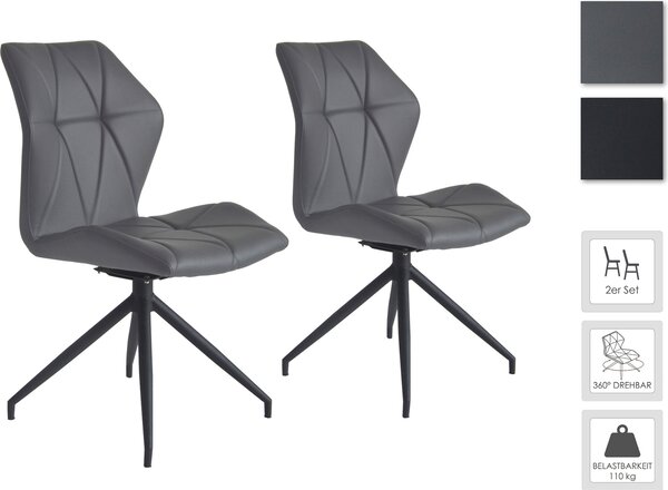 ByLIVING Jídelní židle set 2 IMKE / Šedá koženka / Černý kovový rám / Sedák otočný o 360° / Jídelní židle / Diamantové prošití / Š 52, V 90,5, H 62 cm
