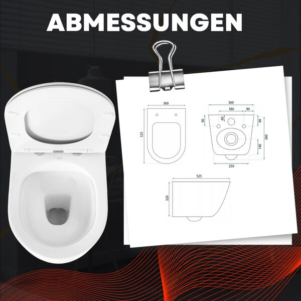VBChome Závěsné keramické WC bez obrouček s poklopem WC sedátko z duroplastu WC bez obrouček s funkcí soft-close Splachovací klozet