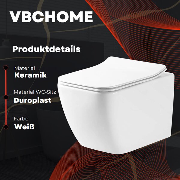 VBChome Závěsné keramické WC bez obrouček s poklopem WC sedátko z duroplastu WC bez obrouček s funkcí soft-close Splachovací klozet
