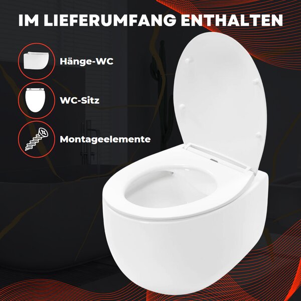 VBChome Závěsné keramické WC bez obrouček s poklopem WC sedátko z duroplastu WC bez obrouček s funkcí soft-close Splachovací klozet