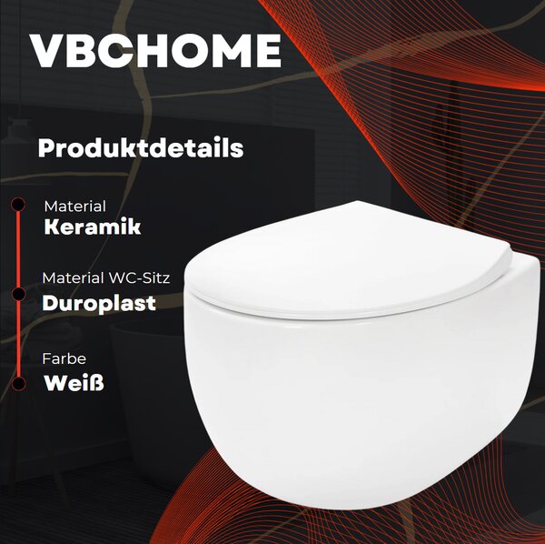 VBChome Závěsné keramické WC bez obrouček s poklopem WC sedátko z duroplastu WC bez obrouček s funkcí soft-close Splachovací klozet