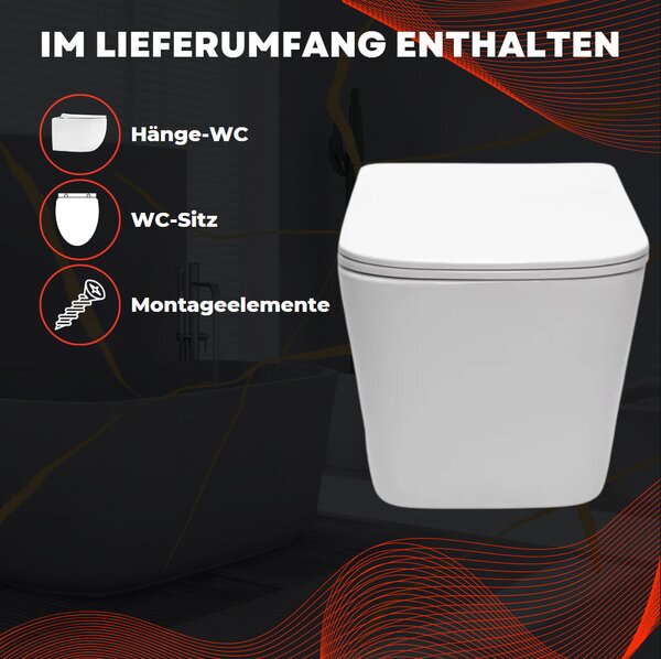 VBChome Závěsné keramické WC bez obrouček s poklopem WC sedátko z duroplastu WC bez obrouček s funkcí soft-close Splachovací klozet