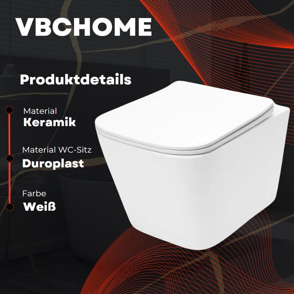 VBChome Závěsné keramické WC bez obrouček s poklopem WC sedátko z duroplastu WC bez obrouček s funkcí soft-close Splachovací klozet