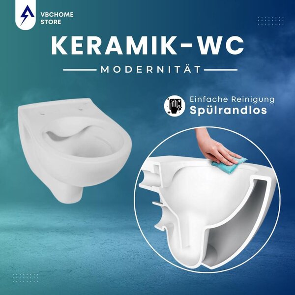 VBChome Závěsné WC Bezokrajová keramika s toaletním víkem WC sedátko Automatické sklápění Rimless Funkce SoftClose Hluboké splachování Toaleta Oválný tvar Nástěnné WC