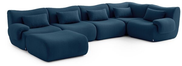 MILYSOFA SOFATIME – 5místná modulární rohová pohovka s lehátkem, jemná bouclé látka, tmavě modrá