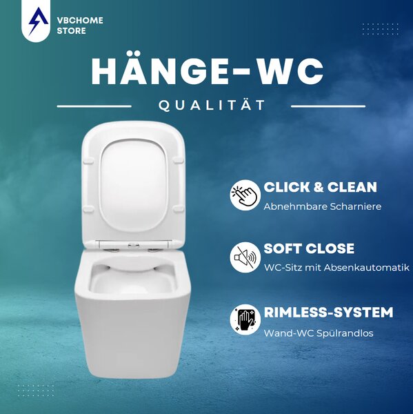 VBChome Závěsné keramické WC bez obrouček s poklopem WC sedátko z duroplastu WC bez obrouček s funkcí soft-close Splachovací klozet