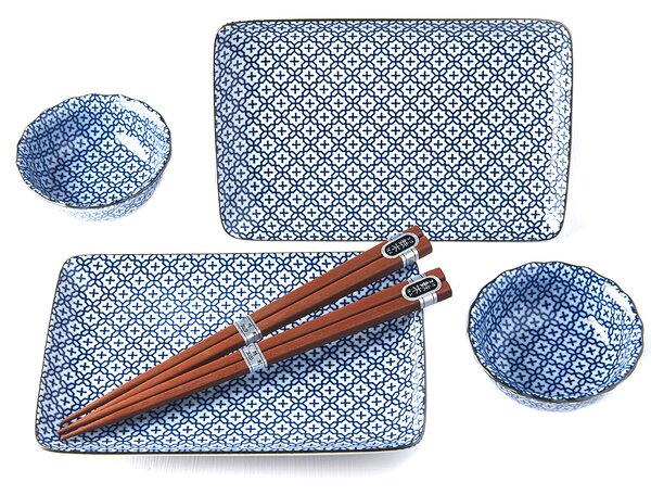 Made in Japan (MIJ) Sushi Set Blue & White Geometric Flowers 4 ks s hůlkami