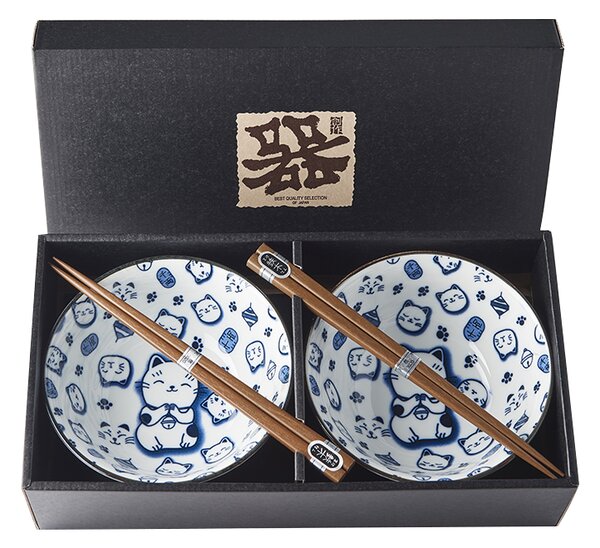 Made in Japan (MIJ) Bowl Set Maneki Cat Blue 2 x 400 ml with Chopsticks