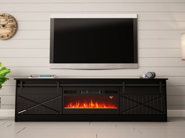 TV skříňka Sarinero s krbem, Barva: bílá / bílá lesk, Krb: černý 5903211164989