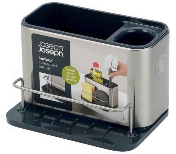 Joseph Joseph Stříbrno-černý nerezový stojan na mycí prostředky Surface Sink Tidy