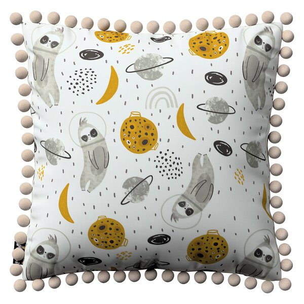 Věra - potah na polštář ozdobné bambulky po obvodu barva bílá látka vzorované