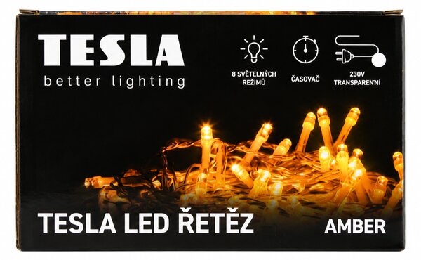 TESLA lighting Tesla - dekorativní řetěz, AMBER, 100LED, 10m + 5m kabel, 230V, 8 funkcí, IP44, transparentní