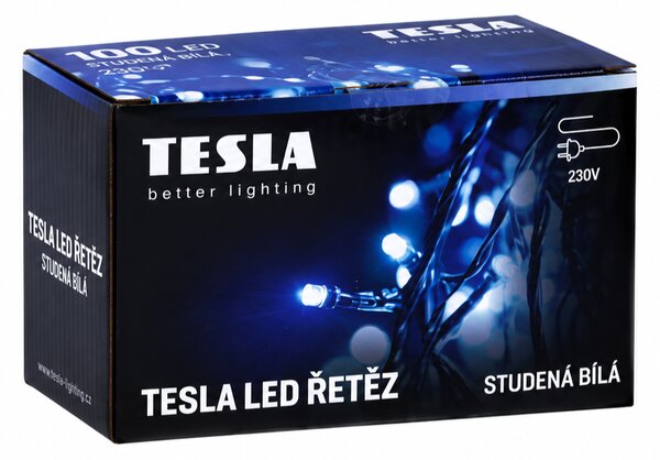 TESLA lighting Tesla - dekorativní řetěz studený bílý 6500K,100LED, 10m + 5m kabel, 230V, ovladač s 8 funkcemi,IP44