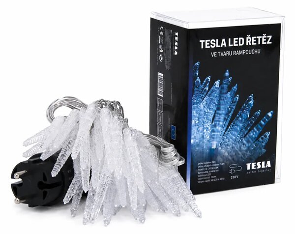 TESLA lighting Tesla - vánoční řetěz Rampouch 7cm, 50LED, 6500K, 5m + 3m kabel, 230V, časovač, IP44