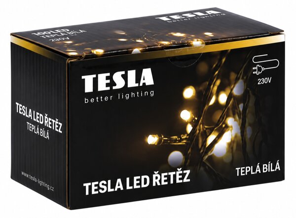 TESLA lighting Tesla - dekorativní řetěz, teplý bílý 3000K,100LED, 10m + 5m kabel, 230V, ovladač s 8 funkcemi, IP44