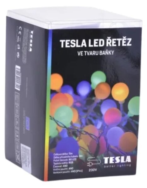 TESLA lighting Tesla - dekorativní řetěz Baňka 1,8cm, 80LED, RGB, 230V, 8m + 3m kabel, časovač, IP44