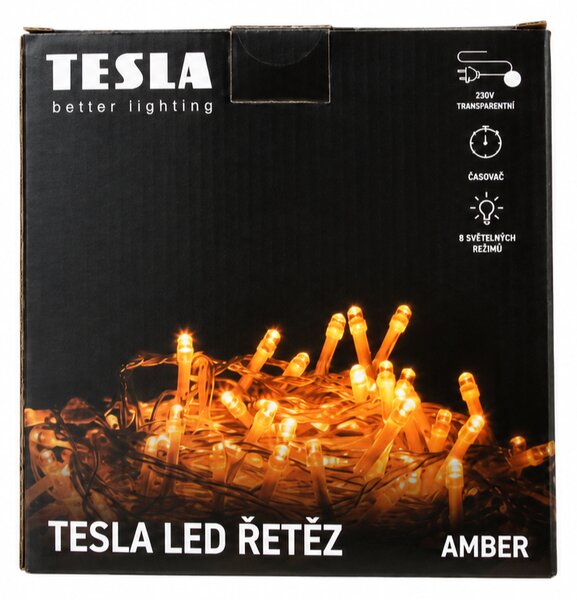 TESLA lighting Tesla - dekorativní řetěz, AMBER, 400LED, 8m + 5m kabel, 230V, 8 funkcí, IP44, transparentní