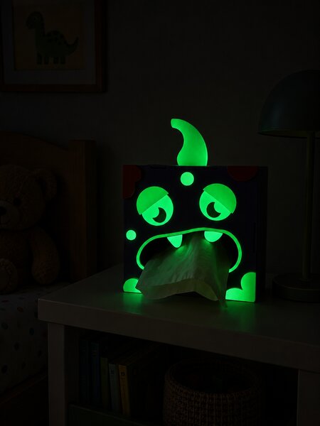 Z rodinné dílny Dřevěný box na kapesníky Monster – svítící box pro dětský pokoj