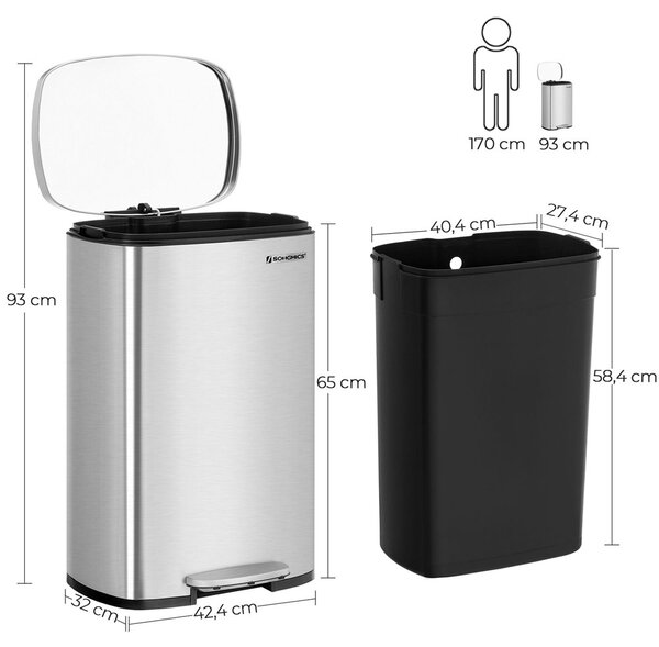 Odpadkový koš s pomalým zavíráním TIDY, 50 l, stříbrná SongmicsHome
