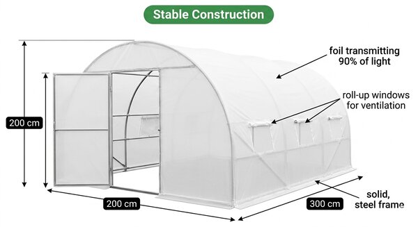 Zahradní foliovník s rolovacími bočnicemi 200x300x200 cm LUMPAN - bílý