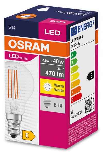Průhledná LED žárovka E14 4 W CLASSIC P, teplá bílá