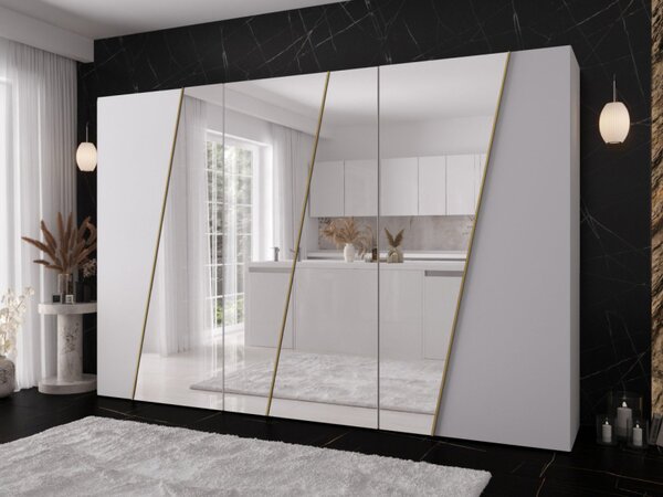 Moderní skříň se zrcadlem Grelipt 4L 300 cm, Barva: černá / černá + zlatá 5903211532399