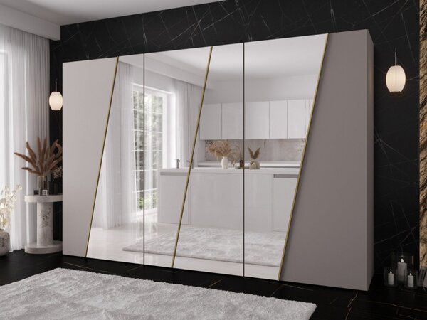 Moderní skříň se zrcadlem Grelipt 4L 300 cm, Barva: černá / černá + zlatá 5903211532399