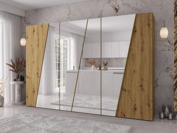 Moderní skříň se zrcadlem Grelipt 4L 300 cm, Barva: černá / černá + zlatá 5903211532399