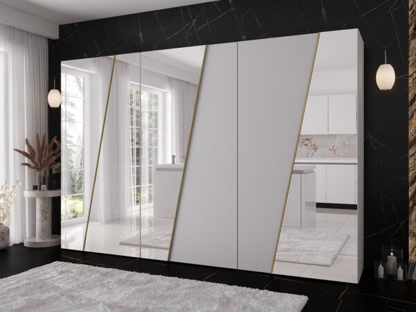 Moderní skříň se zrcadlem Grelipt 4L 300 cm, Barva: černá / černá + zlatá 5903211532399
