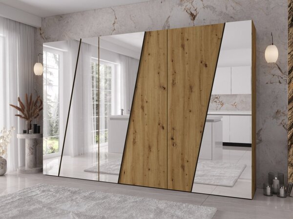 Moderní skříň se zrcadlem Grelipt 4L 300 cm, Barva: černá / černá + zlatá 5903211532399