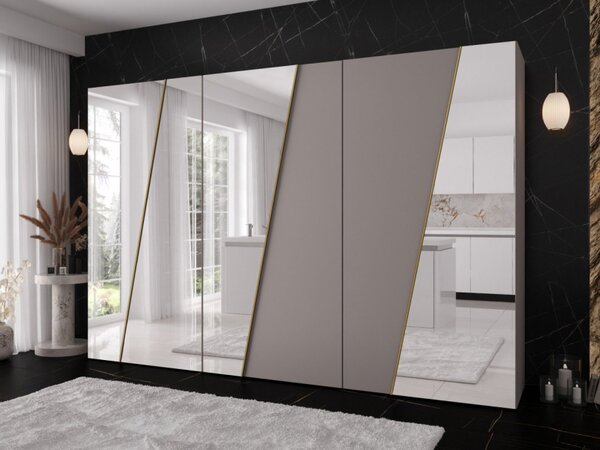 Moderní skříň se zrcadlem Grelipt 4L 300 cm, Barva: černá / černá + zlatá 5903211532399