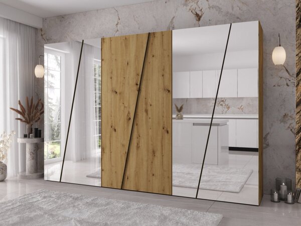 Moderní skříň se zrcadlem Grelipt 4L 300 cm, Barva: černá / černá + zlatá 5903211532399