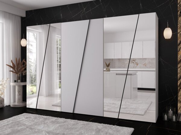 Moderní skříň se zrcadlem Grelipt 4L 300 cm, Barva: černá / černá + zlatá 5903211532399