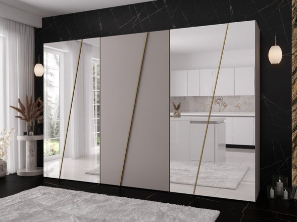 Moderní skříň se zrcadlem Grelipt 4L 300 cm, Barva: černá / černá + zlatá 5903211532399