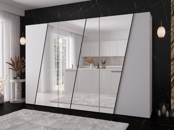 Moderní skříň se zrcadlem Grelipt 4L 300 cm, Barva: černá / černá + zlatá 5903211532399