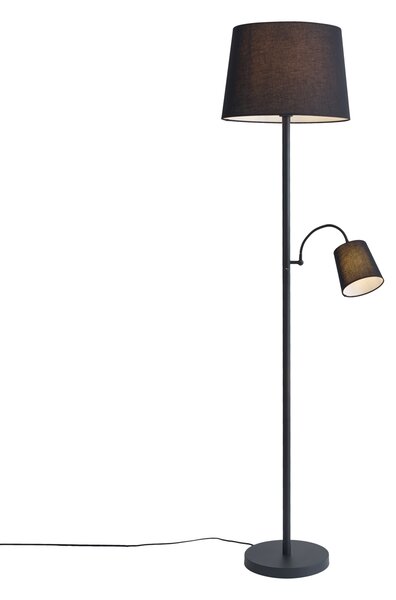 Klasická stojací lampa černá s černým stínítkem a lampičkou na čtení - Retro