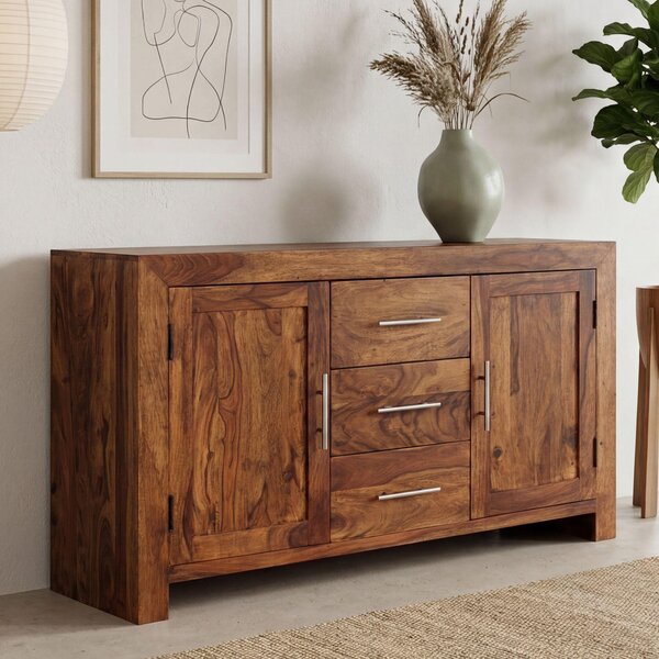 FineBuy Píborník z masivního deva sheesham 120 cm, 2 dvíka a 3 zásuvky – masivní retro komoda ve venkovském stylu – designový pírodní píborník – runí výroba