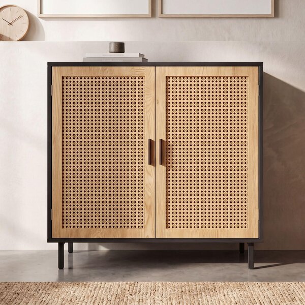 FineBuy Píborník 80x86,5x40 cm Komoda erná s vídeským proutím Vysoká komoda Nadasová podlahová skí Obývací pokoj se 2 dvemi Píborník ratan