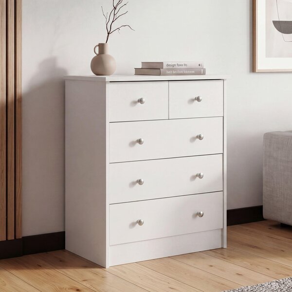 FineBuy Design Devná komoda, bílá, 60 x 70 x 35 cm, s 5 zásuvkami, univerzální nábytek, plochý, do pedsín, moderní píborník, nadasový píborník